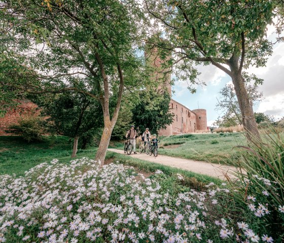 Three cyclists ride along a path in the park at Wallgraben. Zülpich Castle can be seen in the background, surrounded by green trees and flowers., © Paul Meixner Three cyclists ride along a path in the park at Wallgraben. Zülpich Castle can be seen in the background, surrounded by green trees and flowers., © Paul Meixner