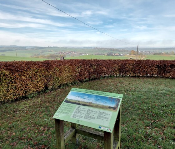 Aussichtspunkt mit Infotafel, umgeben von Hecke. Im Hintergrund grüne Felder und ein Dorf unter blauem Himmel., © Sweco GmbH Aussichtspunkt mit Infotafel, umgeben von Hecke. Im Hintergrund grüne Felder und ein Dorf unter blauem Himmel., © Sweco GmbH