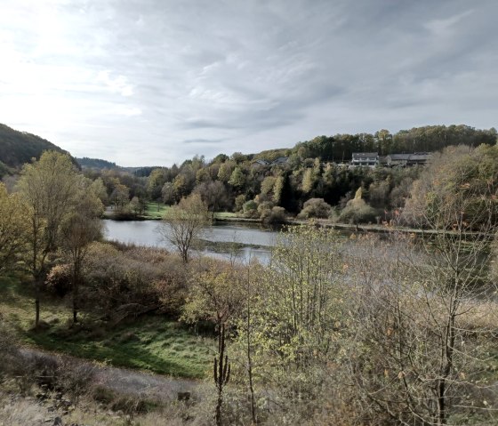 Rückhaltebecken Eifferscheid in herbstlicher Landschaft, umgeben von Bäumen und Hügeln unter bewölktem Himmel., © Sweco GmbH Rückhaltebecken Eifferscheid in herbstlicher Landschaft, umgeben von Bäumen und Hügeln unter bewölktem Himmel., © Sweco GmbH