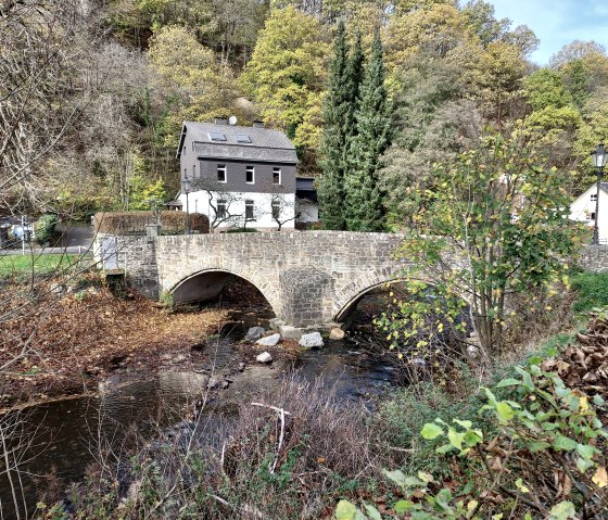 Steinbrücke über einen Bach, umgeben von herbstlichen Bäumen. Ein Haus steht im Hintergrund. Die Szene wirkt idyllisch und ruhig., © Sweco GmbH Steinbrücke über einen Bach, umgeben von herbstlichen Bäumen. Ein Haus steht im Hintergrund. Die Szene wirkt idyllisch und ruhig., © Sweco GmbH