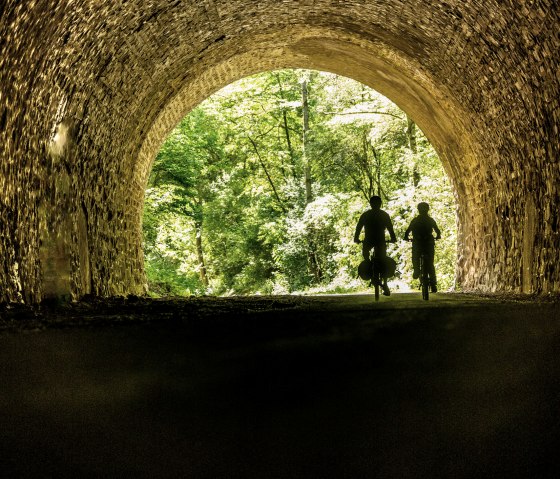 Zwei Radfahrer durchqueren einen Tunnel auf dem Ahr-Radweg. Am Ende des Tunnels sind grüne Bäume sichtbar., © Eifel Tourismus GmbH, Dominik Ketz Zwei Radfahrer durchqueren einen Tunnel auf dem Ahr-Radweg. Am Ende des Tunnels sind grüne Bäume sichtbar., © Eifel Tourismus GmbH, Dominik Ketz