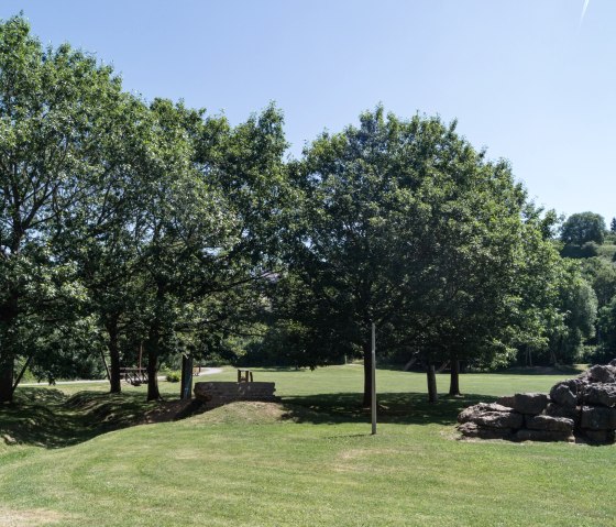 Grüne Wiese mit Bäumen und einem Steinhaufen im Naturzentrum Eifel unter klarem, blauem Himmel., © Nordeifel Tourismus GmbH Grüne Wiese mit Bäumen und einem Steinhaufen im Naturzentrum Eifel unter klarem, blauem Himmel., © Nordeifel Tourismus GmbH