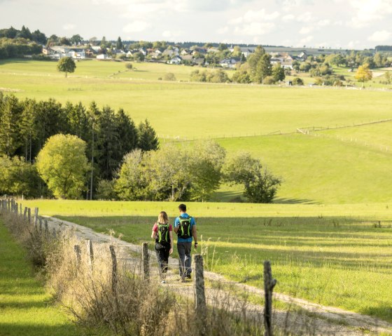 Two hikers are walking along a trail through a green landscape. In the background, a village can be seen, surrounded by fields and trees., © Eifel Tourismus GmbH, Dominik Ketz Two hikers are walking along a trail through a green landscape. In the background, a village can be seen, surrounded by fields and trees., © Eifel Tourismus GmbH, Dominik Ketz