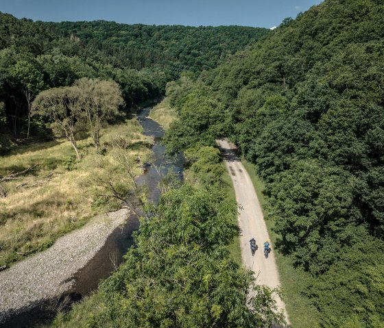 Zwei Radfahrer fahren auf einem Weg entlang eines Flusses, umgeben von dichter, grüner Waldlandschaft unter klarem, blauem Himmel., © Eifel Tourismus GmbH, Dennis Stratmann