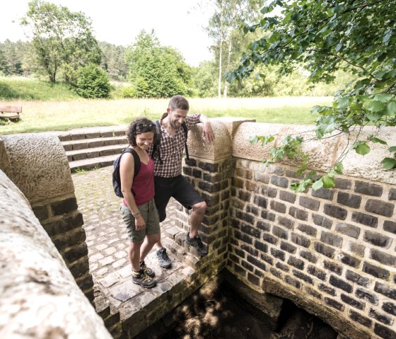 Zwei Personen betrachten die römische Quellfassung Grüner Pütz in Nettersheim, umgeben von grüner Natur und Bäumen., © Eifel Tourismus GmbH, D. Ketz