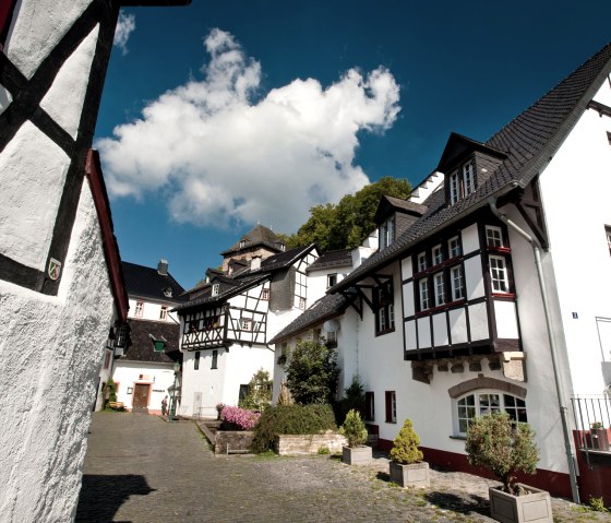 Fachwerkhäuser in Blankenheim, Deutschland, bei sonnigem Wetter. Der Himmel ist blau mit einigen Wolken. Gepflasterter Hof mit Pflanzen., © Eifel Tourismus GmbH, D. Ketz