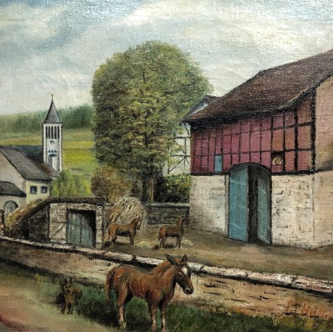 Krankter Hof, &copy; "Franz H&uuml;llenkremer (1968): Siesta [Kankter Hof]
&Ouml;l auf Leinwand, Original im Mausbacher Pfarrheim
Repro: Haro von Laufenberg"