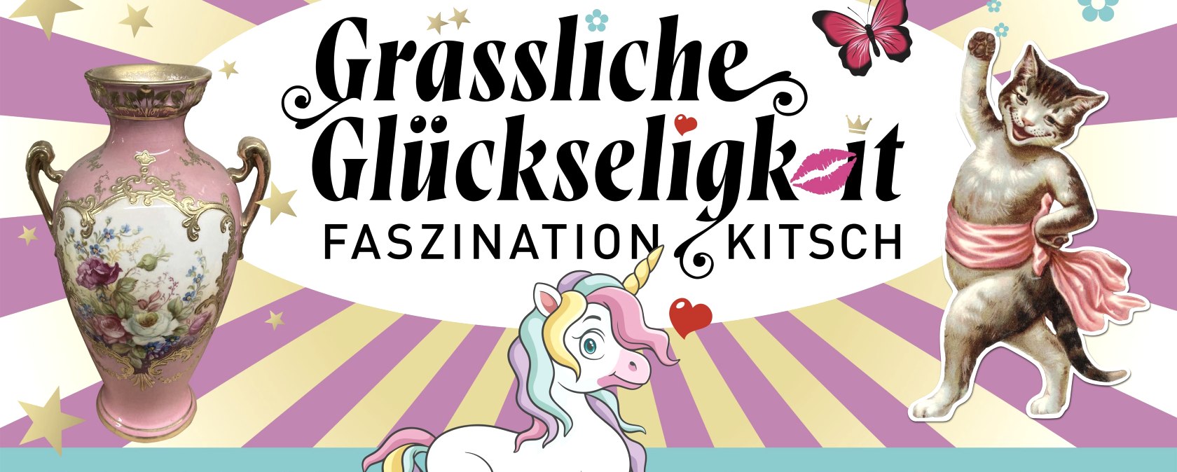 Ausstellungsbanner Grässliche Glückseligkeit, © LVR-Freilichtmuseum Kommern