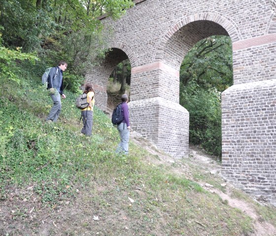 Drei Wanderer erkunden die Aquäduktbrücke Vussem auf dem Römerkanal-Wanderweg, umgeben von üppigem Grün., © Wandermagazin/ N. Glatter
