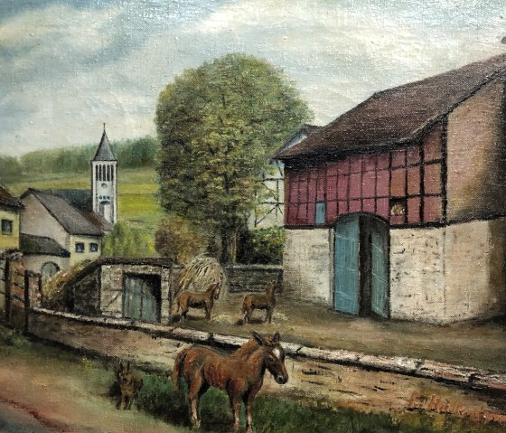 Krankter Hof, &copy; "Franz H&uuml;llenkremer (1968): Siesta [Kankter Hof]
&Ouml;l auf Leinwand, Original im Mausbacher Pfarrheim
Repro: Haro von Laufenberg"