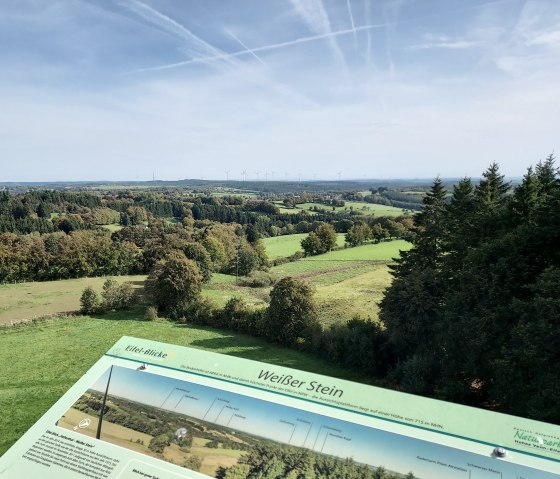 Panoramablick vom Aussichtsturm Weißer Stein über grüne Wälder und Wiesen, im Vordergrund eine Infotafel mit Informationen zur Umgebung., © Sweco GmbH