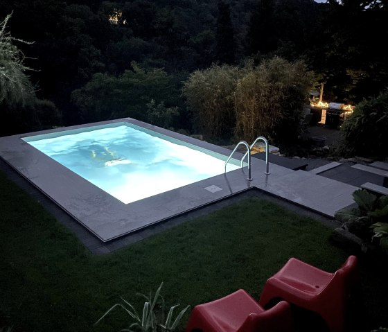 swimming pool at night with castle view