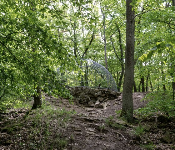 Eine Metallstruktur auf einem steinigen H&uuml;gel im Wald, umgeben von dichtem Laub und B&auml;umen., &copy; Nordeifel Tourismus GmbH