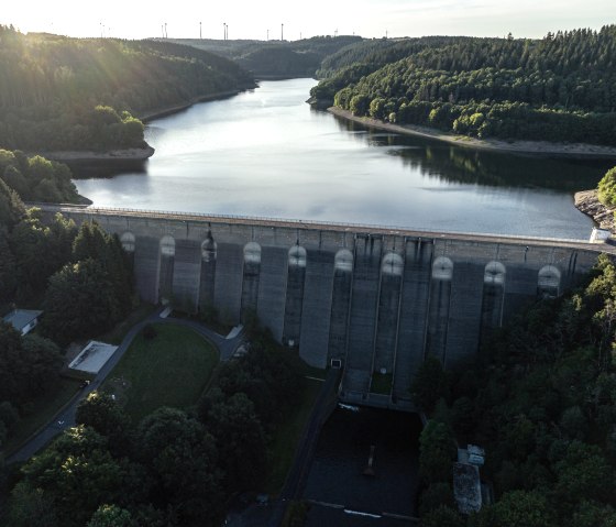 Luftaufnahme der Oleftalsperre in der Eifel, umgeben von dichtem Wald und ruhigem Wasser. Windr&auml;der sind am Horizont sichtbar., &copy; Eifel Tourismus GmbH, Dennis Stratmann