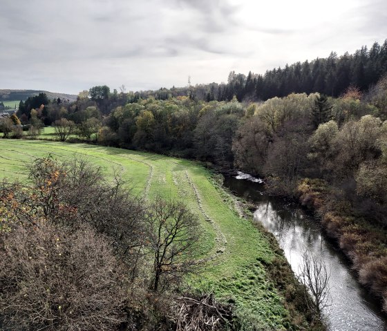 Fluss Kyll schlängelt sich durch grüne Wiesen und Wälder, im Hintergrund ein Dorf. Der Himmel ist bewölkt., © Sweco GmbH