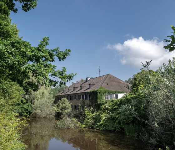 Ein mit Efeu bewachsenes Geb&auml;ude neben einem Teich, umgeben von &uuml;ppigem Gr&uuml;n und B&auml;umen, unter einem klaren blauen Himmel., &copy; Nordeifel Tourismus GmbH