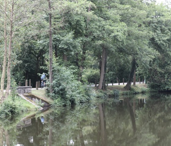 Ein ruhiger Weg f&uuml;hrt entlang eines bewaldeten Sees. Ein Radfahrer ist im Hintergrund zu sehen. Die B&auml;ume spiegeln sich im Wasser., &copy; Nordeifel Tourismus GmbH