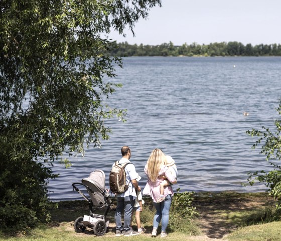 Eine Familie mit Kinderwagen steht am Ufer eines Sees im Seepark Z&uuml;lpich, umgeben von B&auml;umen und Wasser., &copy; Eifel Tourismus GmbH, Tobias Vollmer