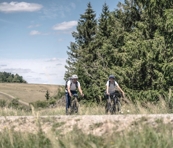 Two cyclists ride along a path through a green landscape with trees and a blue sky. They are wearing helmets and carrying rucksacks., &copy; Eifel Tourismus GmbH, Dennis Stratmann