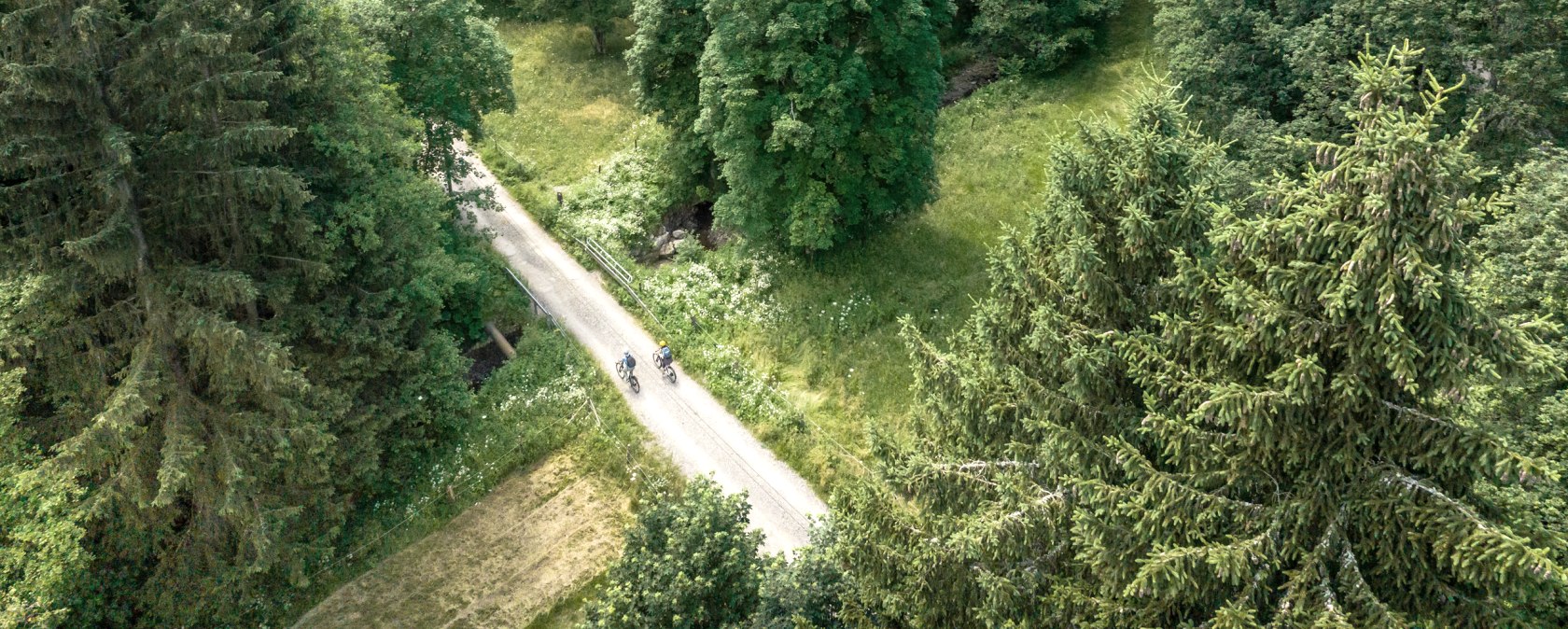 Aerial view of the Prethbach valley with dense forest and a road on which cyclists are riding. Lush green vegetation dominates the landscape., &copy; Eifel Tourismus GmbH, Dennis Stratmann