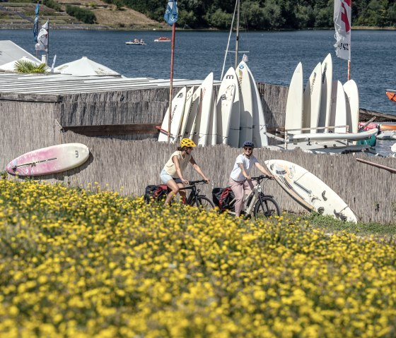 Zwei Radfahrer fahren an einem blühenden Feld mit gelben Blumen vorbei, im Hintergrund Surfbretter und ein See., © Eifel Tourismus GmbH, Dennis Stratmann